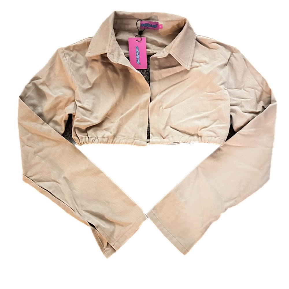 khaki cropped cut out top with ties and tag